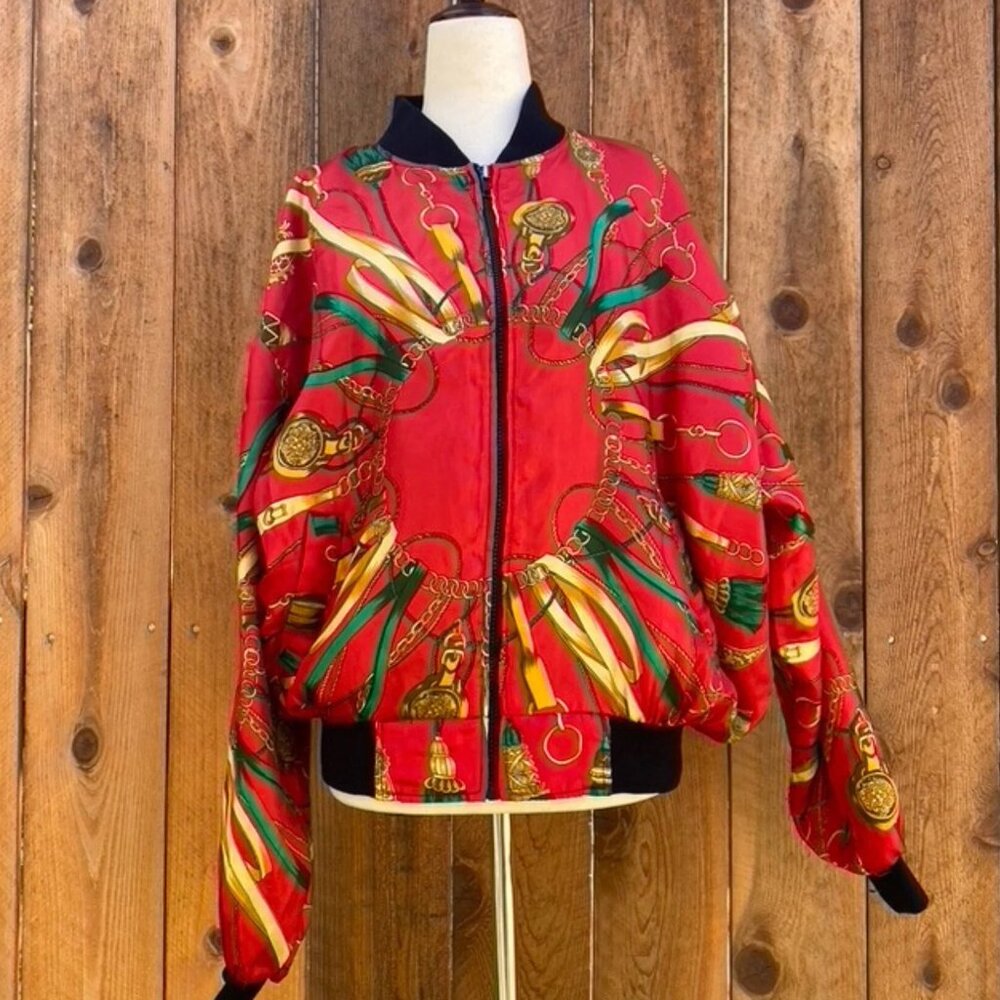 Vintage 1990s Red Bomber Jacket Gold Chain Green Ribbon Print